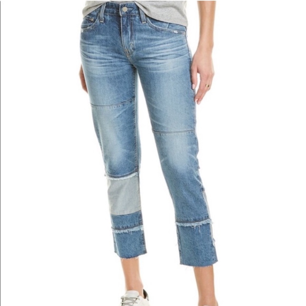 AG The Boyfriend Slouchy Slim Raw Hem Ankle Patchwork Jeans High Waist Size 26